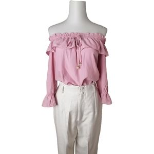 🍡 loose pink off-the-shoulder 1/2 length sleeves blouse